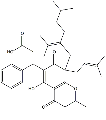 3,4,7,8-Tetrahydro-5-hydroxy-2,3-dimethyl-8-(3-methyl-2-butenyl)-8-[5-methyl-2-(1-methylethylidene)hexyl]-4,7-dioxo-β-phenyl-2H-1-benzopyran-6-propionic acid Struktur