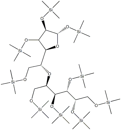 1-O,2-O,3-O,4-O,6-O-Pentakis(trimethylsilyl)-D-galactitol 1-O,2-O,3-O,6-O-tetrakis(trimethylsilyl)-β-D-galactofuranose anhydride Struktur