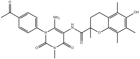 2H-1-Benzopyran-2-carboxamide,  N-[1-(4-acetylphenyl)-6-amino-1,2,3,4-tetrahydro-3-methyl-2,4-dioxo-5-pyrimidinyl]-3,4-dihydro-6-hydroxy-2,5,7,8- Struktur