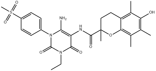 2H-1-Benzopyran-2-carboxamide,  N-[6-amino-3-ethyl-1,2,3,4-tetrahydro-1-[4-(methylsulfonyl)phenyl]-2,4-dioxo-5-pyrimidinyl]-3,4-dihydro-6-hydroxy-2,5,7,8- Struktur