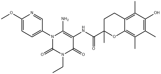 2H-1-Benzopyran-2-carboxamide,  N-[6-amino-3-ethyl-1,2,3,4-tetrahydro-1-(6-methoxy-3-pyridinyl)-2,4-dioxo-5-pyrimidinyl]-3,4-dihydro-6-hydroxy-2,5,7,8- Struktur