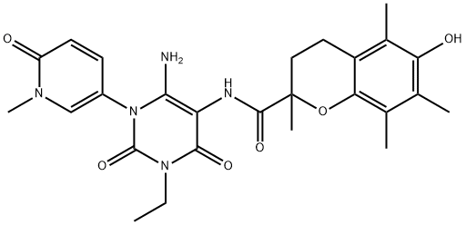 2H-1-Benzopyran-2-carboxamide,  N-[6-amino-1-(1,6-dihydro-1-methyl-6-oxo-3-pyridinyl)-3-ethyl-1,2,3,4-tetrahydro-2,4-dioxo-5-pyrimidinyl]-3,4-dihydro-6- Struktur