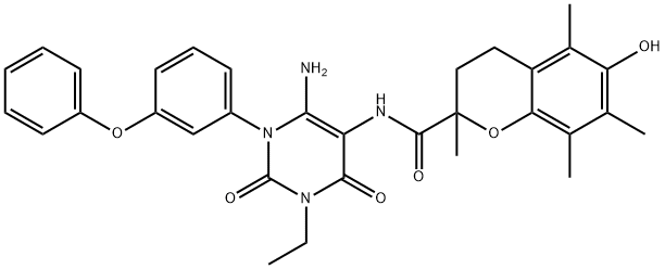 2H-1-Benzopyran-2-carboxamide,  N-[6-amino-3-ethyl-1,2,3,4-tetrahydro-2,4-dioxo-1-(3-phenoxyphenyl)-5-pyrimidinyl]-3,4-dihydro-6-hydroxy-2,5,7,8- Struktur