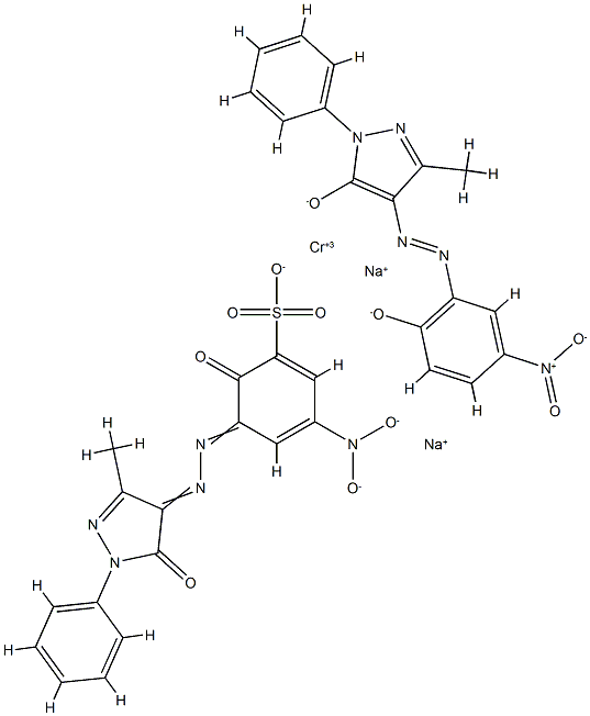 Chromate(2-), [2,4-dihydro-4-[(2-hydroxy-5-nitrophenyl)azo]-5-methyl-2-phenyl-3H-pyrazol-3-onato(2-)][3-[(4,5-dihydro-3-methyl-5-oxo-1-phenyl-1H-pyrazol-4-yl)azo]-2-hydroxy-5-nitrobenzenesulfonato(3-)]-, disodium  Struktur