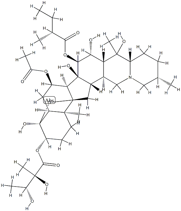 4α,9-Epoxycevane-3β,4,7α,14,15α,16β,20-heptol 7-acetate 3-[(2R,3R)-2,3-dihydroxy-2-methylbutanoate]15-[(R)-2-methylbutanoate] Struktur