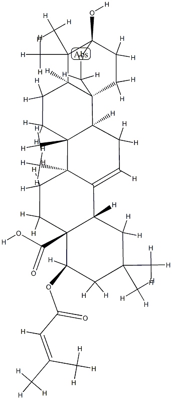 3β,25-Epoxy-3-hydroxy-22β-[(3-methyl-1-oxo-2-butenyl)oxy]oleana-12-ene-28-oic acid Struktur