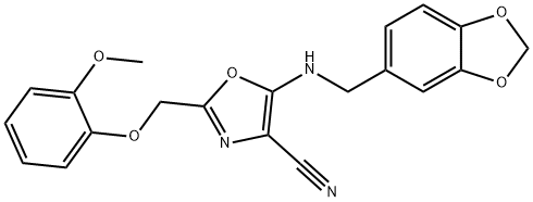 5-[(1,3-benzodioxol-5-ylmethyl)amino]-2-[(2-methoxyphenoxy)methyl]-1,3-oxazole-4-carbonitrile Struktur