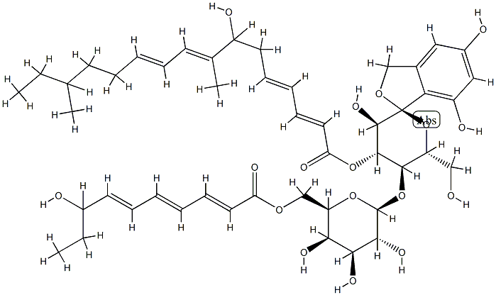 1,1-O-(4,6-Dihydroxy-1,2-phenylenemethylene)-4-O-[6-O-(8-hydroxy-1-oxodeca-2,4,6-trienyl)-β-D-galactopyranosyl]-α-D-glucopyranose 3-(7-hydroxy-8,14-dimethylhexadeca-2,4,8,10-tetraenoate) Struktur