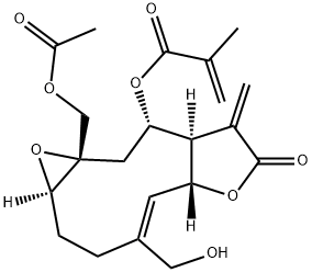 2-Methylpropenoic acid (1aR,4Z,5aR,8aR,9S,10aS)-10a-acetoxymethyl-1a,2,3,5a,7,8,8a,9,10,10a-decahydro-4-hydroxymethyl-8-methylene-7-oxooxireno[5,6]cyclodeca[1,2-b]furan-9-yl ester Struktur