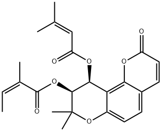 (Z)-2-Methyl-2-butenoic acid (9S)-9,10-dihydro-8,8-dimethyl-10β-[(3-methyl-1-oxo-2-butenyl)oxy]-2-oxo-2H,8H-benzo[1,2-b:3,4-b']dipyran-9-yl ester Struktur