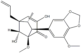 (1R,8-syn)-3,8-Dihydroxy-1-methoxy-7β-(7-methoxy-1,3-benzodioxol-5-yl)-6α-methyl-5α-allylbicyclo[3.2.1]oct-3-en-2-one Struktur