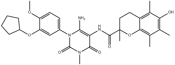 2H-1-Benzopyran-2-carboxamide,  N-[6-amino-1-[3-(cyclopentyloxy)-4-methoxyphenyl]-1,2,3,4-tetrahydro-3-methyl-2,4-dioxo-5-pyrimidinyl]-3,4- Struktur