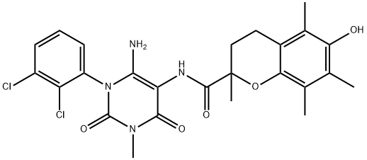 2H-1-Benzopyran-2-carboxamide,  N-[6-amino-1-(2,3-dichlorophenyl)-1,2,3,4-tetrahydro-3-methyl-2,4-dioxo-5-pyrimidinyl]-3,4-dihydro-6-hydroxy-2,5,7,8- Struktur