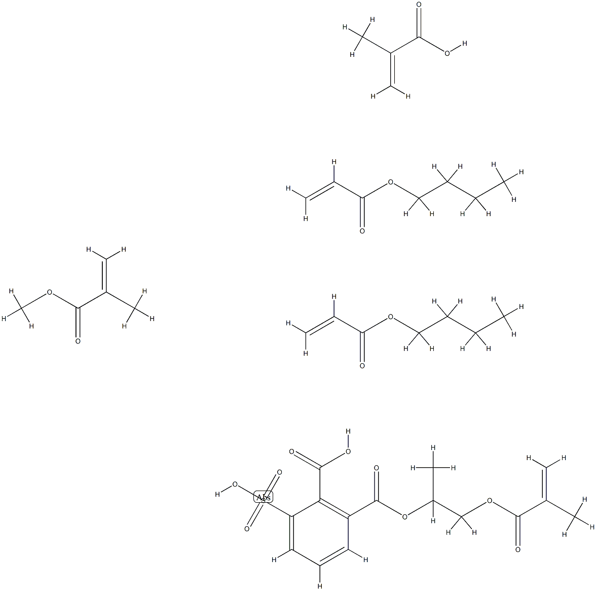 3(or 4)-Sulfo-1,2-benzenedicarboxylic acid, 1-[1-methyl-2-[(2-methyl-1-oxo-2-propenyl)oxy]ethyl]ester polymer with butyl 2-methyl-2-propenoate, butyl 2-propenoate, methyl 2-methyl-2-propenoate and 2-methyl-2-propenoic acid Struktur