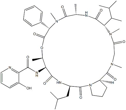 N-(3-Hydroxy-2-pyridinylcarbonyl)-cyclo[L-Thr*-D-Leu-D-Pro-Sar-N-methyl-2-(1,2-dimethylpropyl)L-Gly-L-Ala-N-methyl-L-phenyl Gly-] Struktur