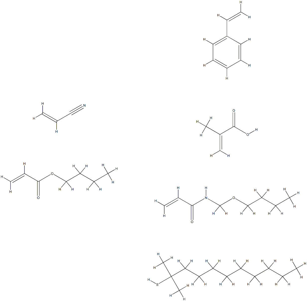 2-Propenoic acid, 2-methyl-, telomer with N-(butoxymethyl)-2-propenamide, butyl 2-propenoate, tert-dodecanethiol, ethenylbenzene and 2-propenenitrile Struktur