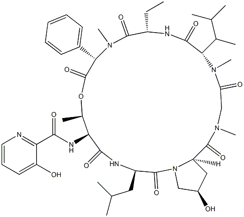 N-(3-Hydroxy-2-pyridinylcarbonyl)-cyclo[L-Thr*-D-Leu-D-c4Hyp-Sar-N-methyl-2-(1,2-dimethylpropyl)L-Gly-L-Abu-N-methyl-L-phenyl Gly-] Struktur