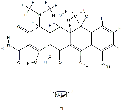 (2E)-2-(amino-hydroxy-methylidene)-4-dimethylamino-5,6,10,11,12a-penta hydroxy-6-methyl-4,4a,5,5a-tetrahydrotetracene-1,3,12-trione, trichlor ostibane Struktur