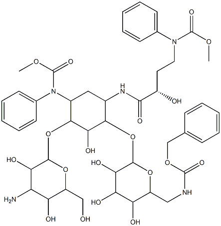 O-3-Amino-3-deoxy-α-D-glucopyranosyl-(1→6)-O-[6-deoxy-6-[[(phenylmethoxy)carbonyl]amino]-α-D-glucopyranosyl-(1→4)]-2-deoxy-N1-[(2S)-2-hydroxy-1-oxo-4-[[(phenylmethoxy)carbonyl]amino]butyl]-N3-[(phenylmethoxy)carbonyl]-D-Streptamine Struktur