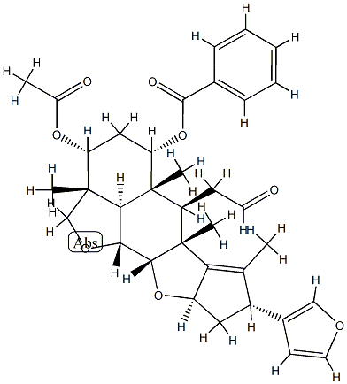 (2aR)-3α-Acetyloxy-5α-benzoyloxy-8α-(3-furanyl)-2a,4,5,5a,6,6a,8,9,9aα,10aβ,10bβ,10cα-dodecahydro-2aβ,5aβ,6aβ,7-tetramethyl-2H,3H-cyclopenta[d']naphtho[1,8-bc:2,3-b']difuran-6β-acetaldehyde Struktur