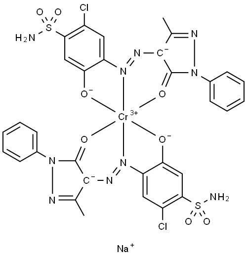 sodium bis[2-chloro-4-[(4,5-dihydro-3-methyl-5-oxo-1-phenyl-1H-pyrazol-4-yl)azo]-5-hydroxybenzenesulphonamidato(2-)]chromate(1-)  Struktur