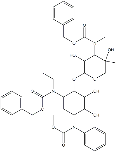 2-Deoxy-6-O-[3-deoxy-4-C-methyl-3-[methyl[(phenylmethoxy)carbonyl]amino]-2-L-arabinopyranosyl]-N1-ethyl-N1,N3-bis[(phenylmethoxy)carbonyl]-D-streptamine Struktur