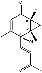 Bicyclo[4.1.0]hept-3-en-2-one, 5-hydroxy-4,6-dimethyl-5-[(1E)-3-oxo-1-butenyl]-, (1R,5R,6S)-rel- (9CI) Struktur