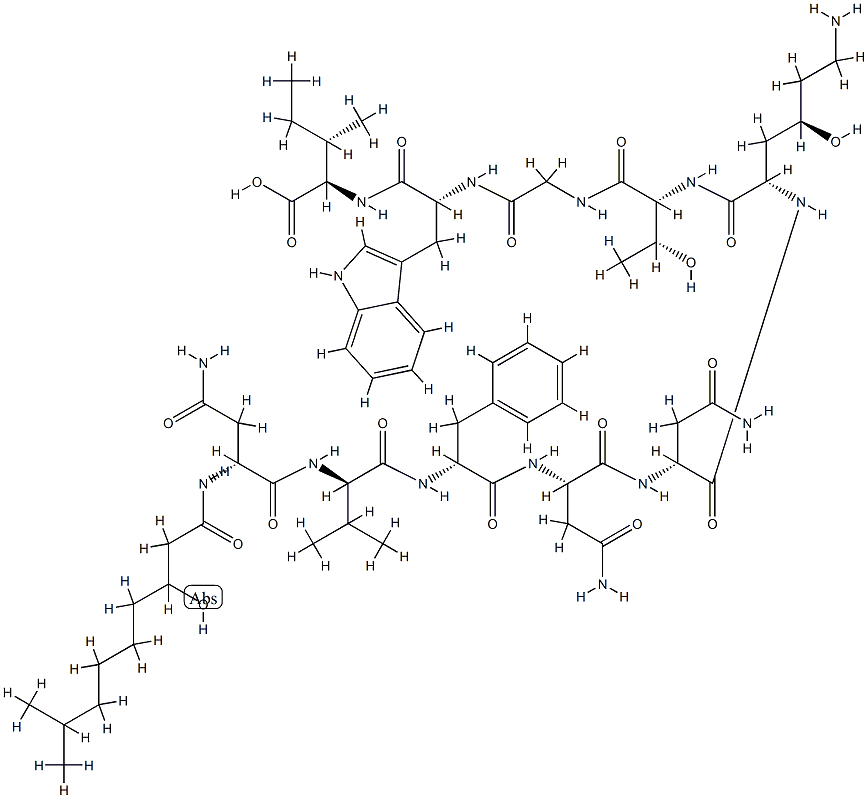 N2-(3-Hydroxy-8-methyl-1-oxononyl)-D-Asn-D-Val-D-Phe-L-Asn-D-Asn-[(4R)-4-hydroxy-L-Lys-]-D-aThr-Gly-D-Trp-D-aIle-OH Struktur