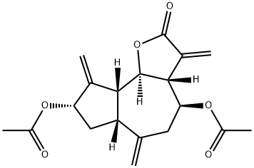 (3aR)-4β,8α-Diacetoxy-3aβ,4,5,6,6aβ,7,8,9,9aβ,9bα-decahydro-3,6,9-trismethyleneazuleno[4,5-b]furan-2(3H)-one Struktur