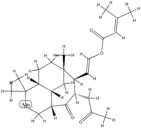 3-Methyl-2-butenoic acid [(E)-2-[(4aS,9aS)-decahydro-3,3,6-trimethyl-9-oxo-8α-(2-oxopropyl)-4α,6α-ethanocyclohepta[c]pyran-7β-yl]vinyl] ester Struktur