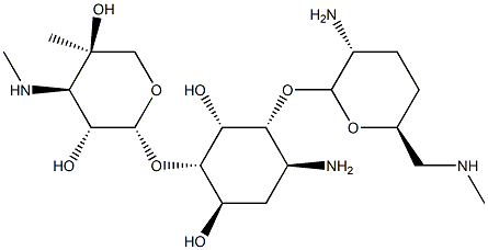 6-O-(4-C-Methyl-3-methylamino-3-deoxy-β-L-arabinopyranosyl)-4-O-(2-amino-6-methylamino-2,3,4,6-tetradeoxy-α-D-erythro-hexopyranosyl)-3-amino-2,3-dideoxy-D-myo-inositol Struktur