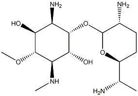 1-Amino-1,4-dideoxy-2-O-(2,6-diamino-2,3,4,6,7-pentadeoxy-β-L-lyxo-heptopyranosyl)-5-O-methyl-4-(methylamino)-D-myo-inositol Struktur