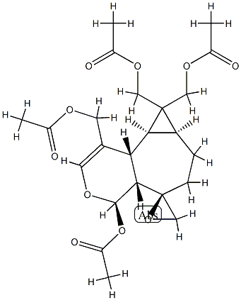 (4R,5R)-4-Acetoxy-1,8,8-tris(acetoxymethyl)-4,4aα,6,7,7aβ,8,8aβ,8bα-octahydrospiro[5H-cyclopropa[3,4]cyclohepta[1,2-c]pyran-5,2'-oxirane] Struktur