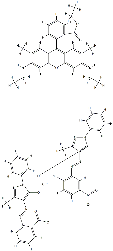 Xanthylium, 3-(diethylamino)-9-[2-(ethoxycarbonyl) phenyl]-6-(ethylamino)-, [2,4-dihydro-4-[(2-hydroxy- 5-nitrophenyl)azo]-5-methyl-2-phenyl-3H-pyrazol -3-onato(2-)][2-[(4,5-dihydro-3-methyl-5-oxo-1-pheny l-1H-pyrazol-4-yl)azo]benzoato(2-)]chromate(1-) Struktur