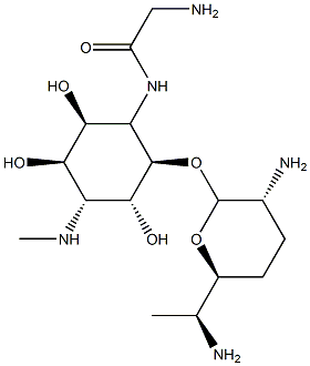 4-[(Aminoacetyl)amino]-1,4-dideoxy-3-O-(2,6-diamino-2,3,4,6,7-pentadeoxy-β-L-lyxo-heptopyranosyl)-1-(methylamino)-L-chiro-inositol Struktur