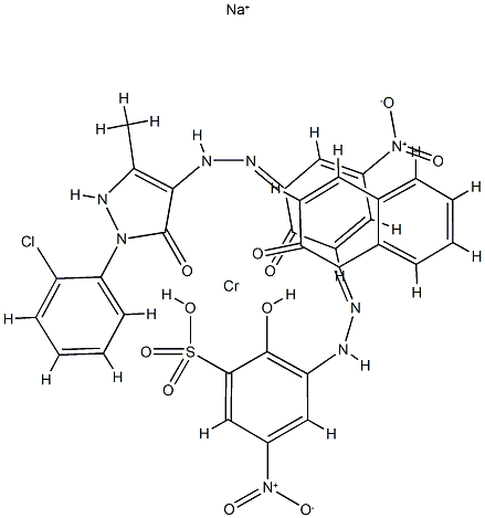 disodium [2-(2-chlorophenyl)-2,4-dihydro-4-[(2-hydroxy-5-nitrophenyl)azo]-5-methyl-3H-pyrazol-3-onato(2-)][2-hydroxy-3-[(2-hydroxy-1-naphthyl)azo]-5-nitrobenzene-1-sulphonato(3-)]chromate(2-) Struktur