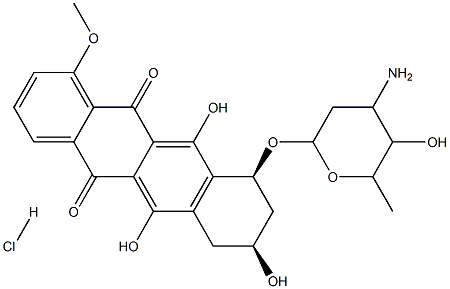 5,12-Naphthacenedione, 10-[ (3-amino-2,3, 6-trideoxy-.alpha.-L-lyxo-he xopyranosyl)oxy]-7,8,9, 10-tetrahydro-6,8,11-trihydroxy-1-methoxy-, hy drochloride, (8S-cis)- Struktur