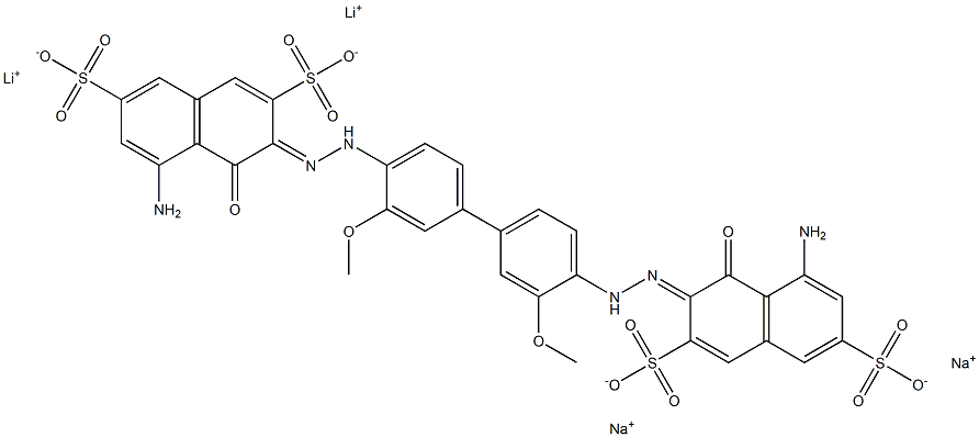 2,7-Naphthalenedisulfonic acid, 3,3'-[(3,3'-dimethoxy[1,1'- biphenyl]-4,4'-diyl)bis(azo)]bis[5-amino-4-hydroxy -, dilithium disodium salt Struktur