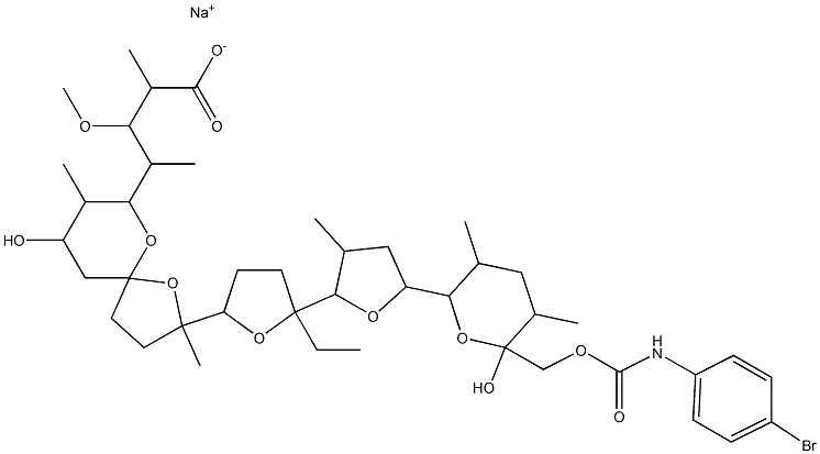 sodium 4-[2-[5-[5-[6-[(4-bromophenyl)carbamoyloxymethyl]-6-hydroxy-3,5 -dimethyl-oxan-2-yl]-3-methyl-oxolan-2-yl]-5-ethyl-oxolan-2-yl]-9-hydr oxy-2,8-dimethyl-1,6-dioxaspiro[4.5]dec-7-yl]-3-methoxy-2-methyl-penta noate Struktur