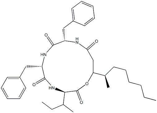 N-[N-[N-(3-Hydroxy-4-methyl-1-oxodecyl)-L-phenylalanyl]-L-phenylalanyl]-D-isoleucine λ-lactone Struktur