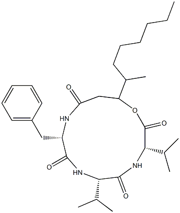 N-[N-[N-(3-Hydroxy-4-methyl-1-oxodecyl)-L-phenylalanyl]-L-valyl]-L-valine λ-lactone Struktur