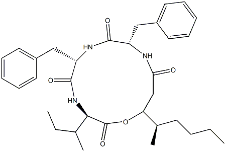 N-[N-[N-(3-Hydroxy-4-methyl-1-oxooctyl)-L-phenylalanyl]-L-phenylalanyl]-D-isoleucine λ-lactone Struktur