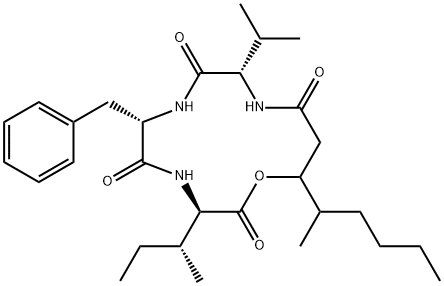 N-[N-[N-(3-Hydroxy-4-methyl-1-oxooctyl)-L-valyl]-L-phenylalanyl]-D-isoleucine λ-lactone Struktur