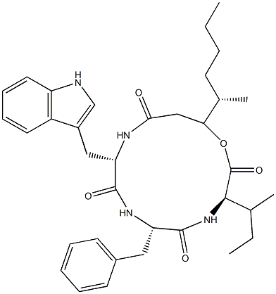 N-[N-[N-(3-Hydroxy-4-methyl-1-oxooctyl)-L-tryptophyl]-L-phenylalanyl]-D-alloisoleucine λ-lactone Struktur