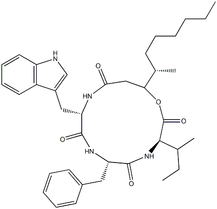 N-[N-[N-(3-Hydroxy-4-methyl-1-oxodecyl)-L-tryptophyl]-L-phenylalanyl]-D-alloisoleucine λ-lactone Struktur