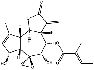 (E)-2-Methyl-2-butenoic acid [(3aS,6R)-2,3,3a,4,5,6,6aβ,7,9aβ,9bα-decahydro-5β,7α-dihydroxy-9-methyl-3-methylene-2-oxospiro[azuleno[4,5-b]furan-6,2'-oxiran]-4α-yl] ester Struktur