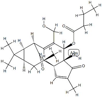 Butyric acid (1aR)-1aα,2β,5,5a,6,9,10,10aα-octahydro-5aβ-hydroxy-4-hydroxymethyl-1,1,7,9α-tetramethyl-6,11-dioxo-1H-2α,8aα-methanocyclopenta[a]cyclopropa[e]cyclodecen-5β-yl ester Struktur