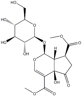 (1S)-1-(β-D-Glucopyranosyloxy)-1,4a,5,6,7,7aα-hexahydro-4aα-hydroxy-5-oxocyclopenta[c]pyran-4,7α-dicarboxylic acid dimethyl ester Struktur