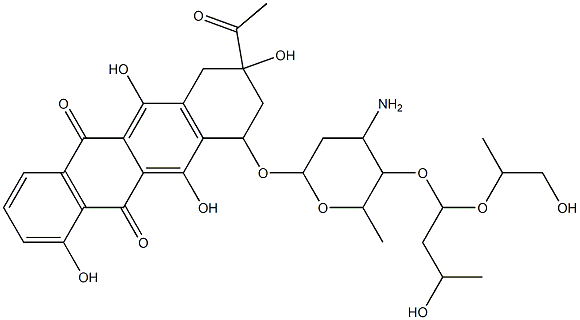 8-Acetyl-10-((3-amino-2,3,6-trideoxy-4-o-(3-hydroxy-1-(2-hydroxy-1-methylethoxy)butyl)-alpha-L-lyxo-hexopyranosyl)oxy)-7,8,9,10-tetrahydro-1,6,8,11-tetrahydroxy-5,12-naphthacenedione Struktur