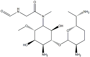 6-Amino-1-O-[(2R)-3α-amino-6β-(1-aminoethyl)tetrahydro-2H-pyran-2α-yl]-3-[[(formylamino)acetyl]methylamino]-4-O-methyl-3,6-dideoxy-L-chiro-inositol Struktur